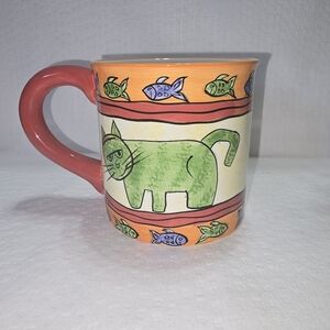 Cardinal Hand Painted Mug Colorful Artsy Cat And Fish EUC